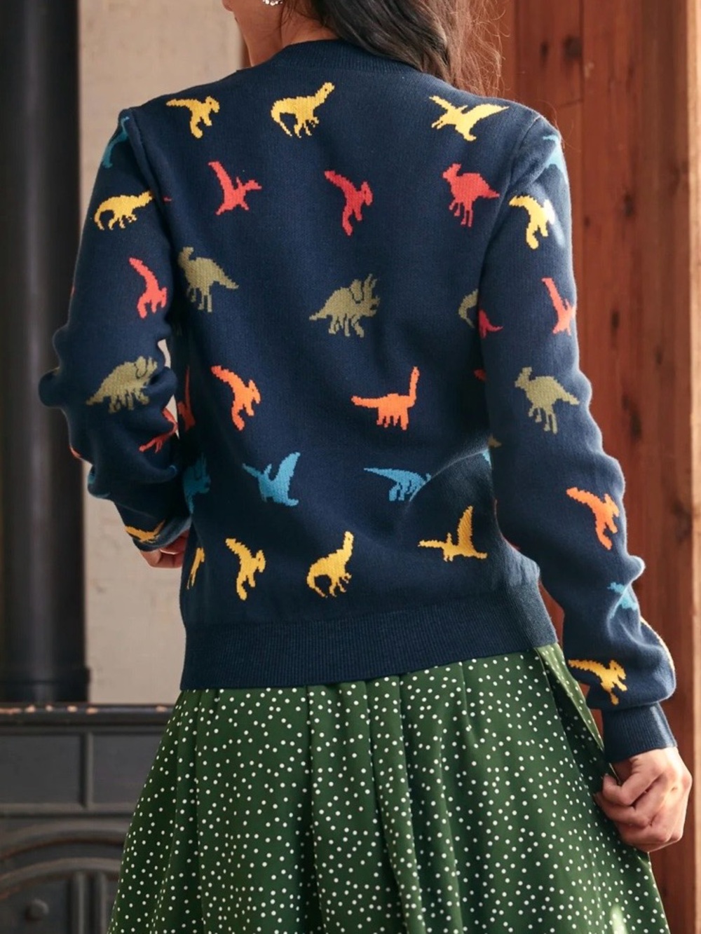 Modcloth Old Soul Classic Dino Cardigan Large Colorful Dinosaur Print EUC - Picture 6 of 12